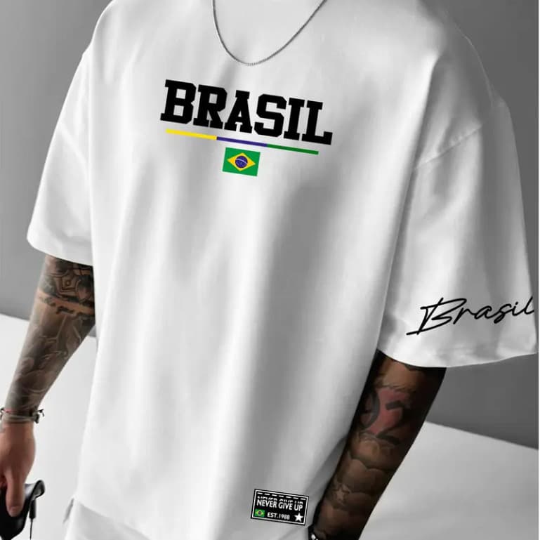 Camiseta Oversized Brasil  Masculina Feminina  Never Give Up Academia Gym Streetwear 100% Algodão Estampada