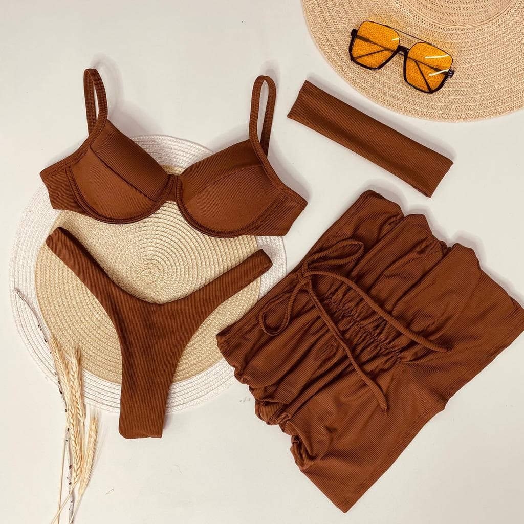 Kit Biquíni Top Meia Taça Calcinha Asa delta Saia e Saida de Praia Ibiza Cor Marrom Tamanho G