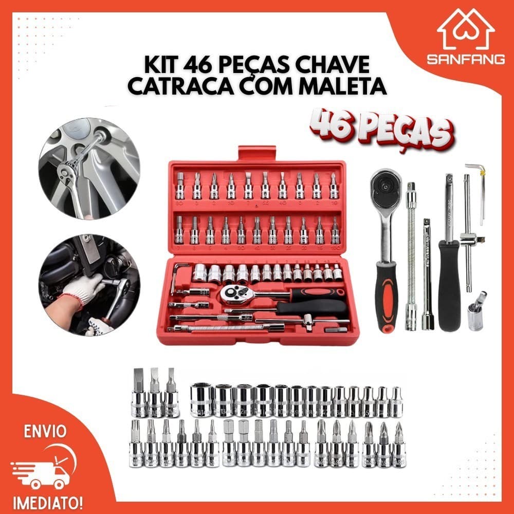 Kit De Ferramentas 46 Peças Jogo De Soquetes Chave Catraca Reversível Com Maleta Jogo De Ferramentas Completo