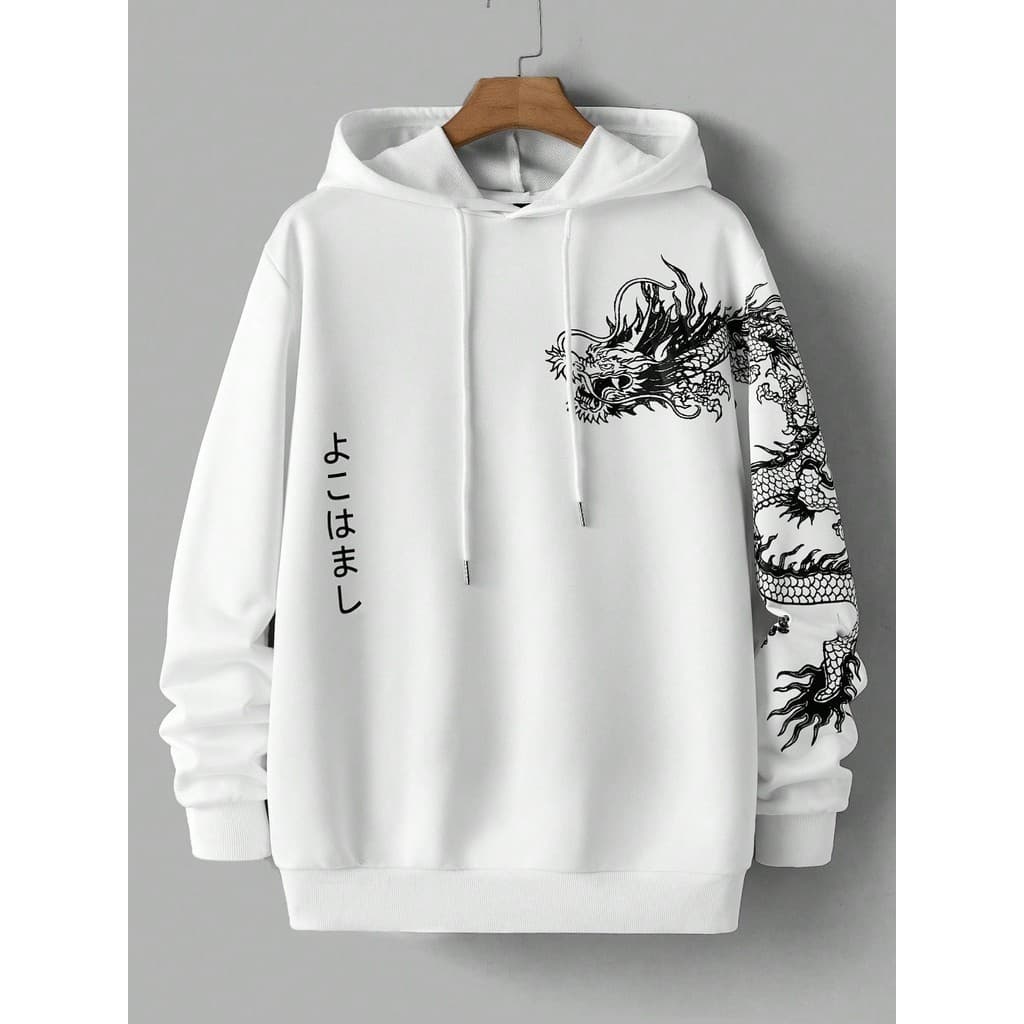 Moletom Com Capuz Estampa De Dragão Japonês Streetwear Inverno