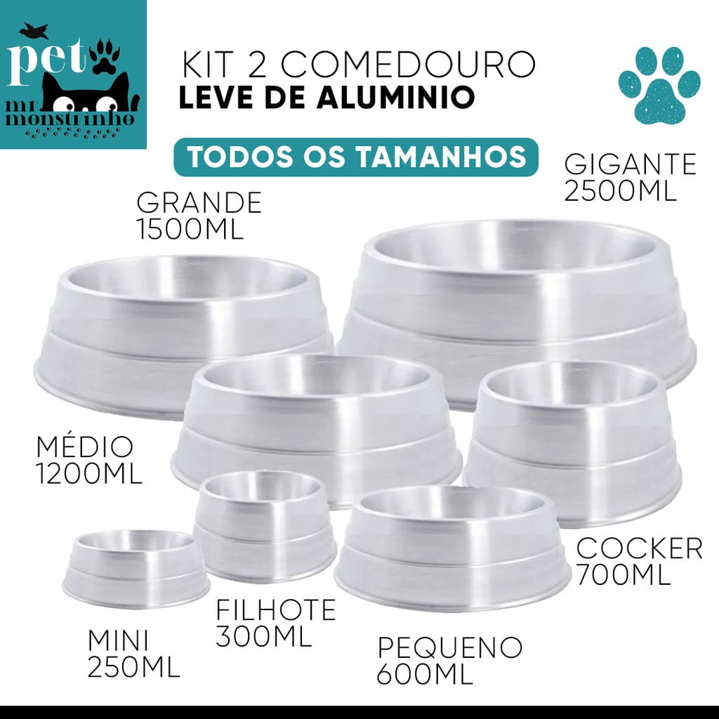 Kit 2 Comedouro Pet Alumínio Leve Para Cachorro Pequeno Médio Grande