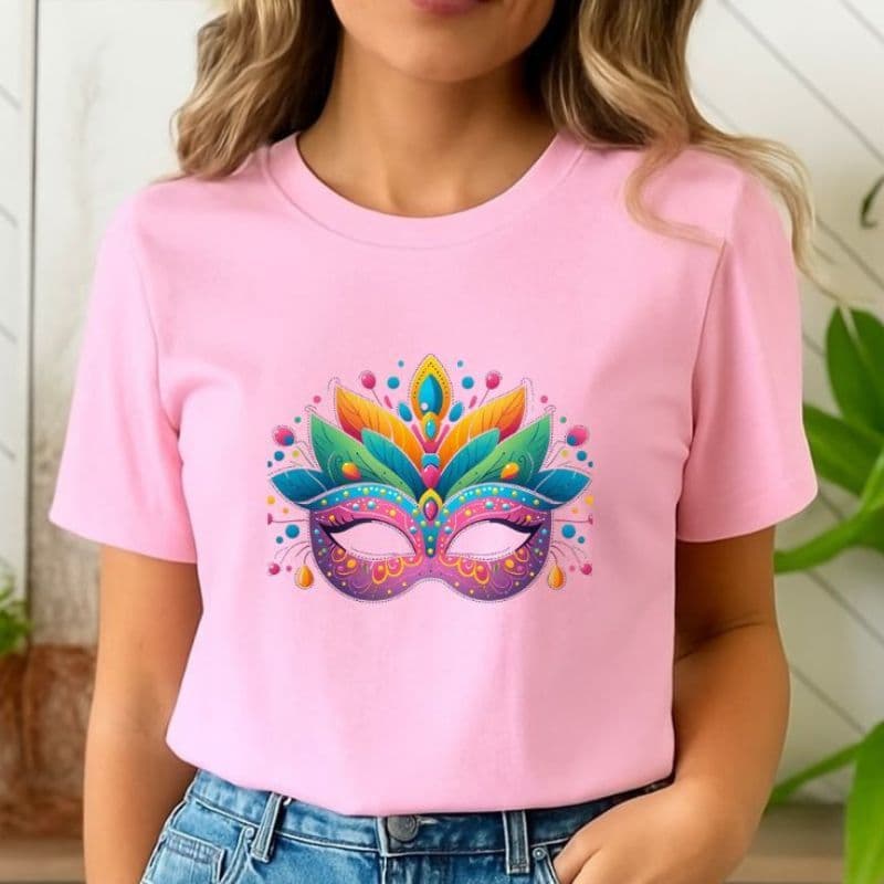 Camiseta Feminina Estampada Carnaval Brasil Máscara Colorida Blusa Fashion Casual
