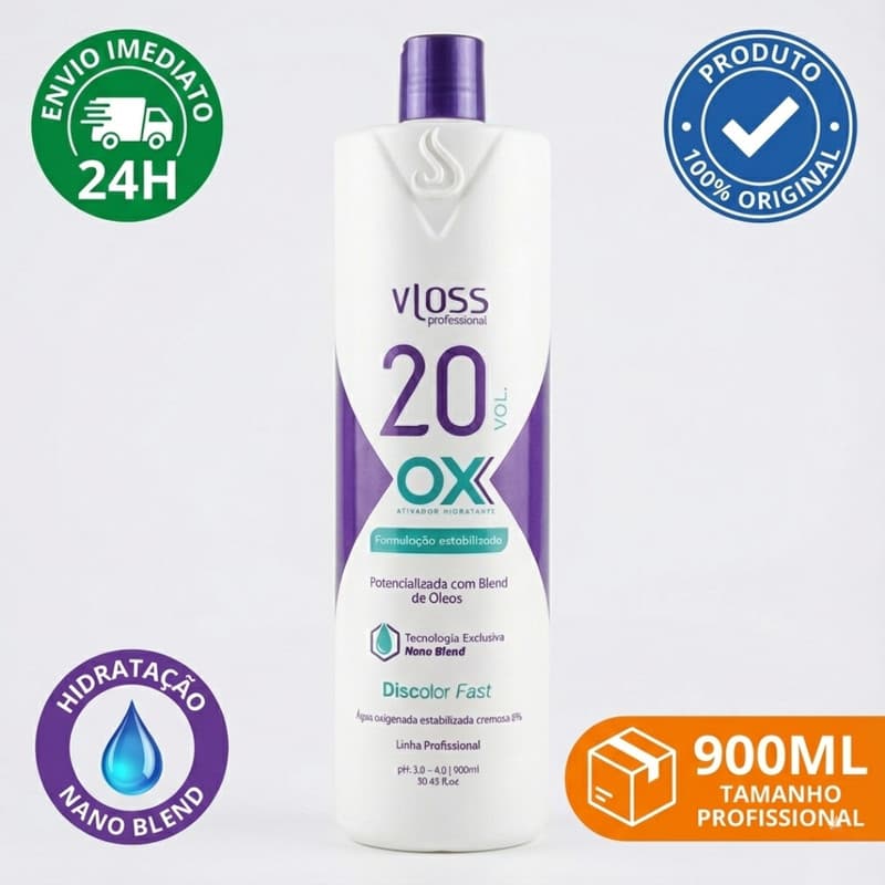 Água Oxigenada OX 20 Volumes Vloss Professional 900ml - Emulsão Cremosa Hidratante - Uso Salão