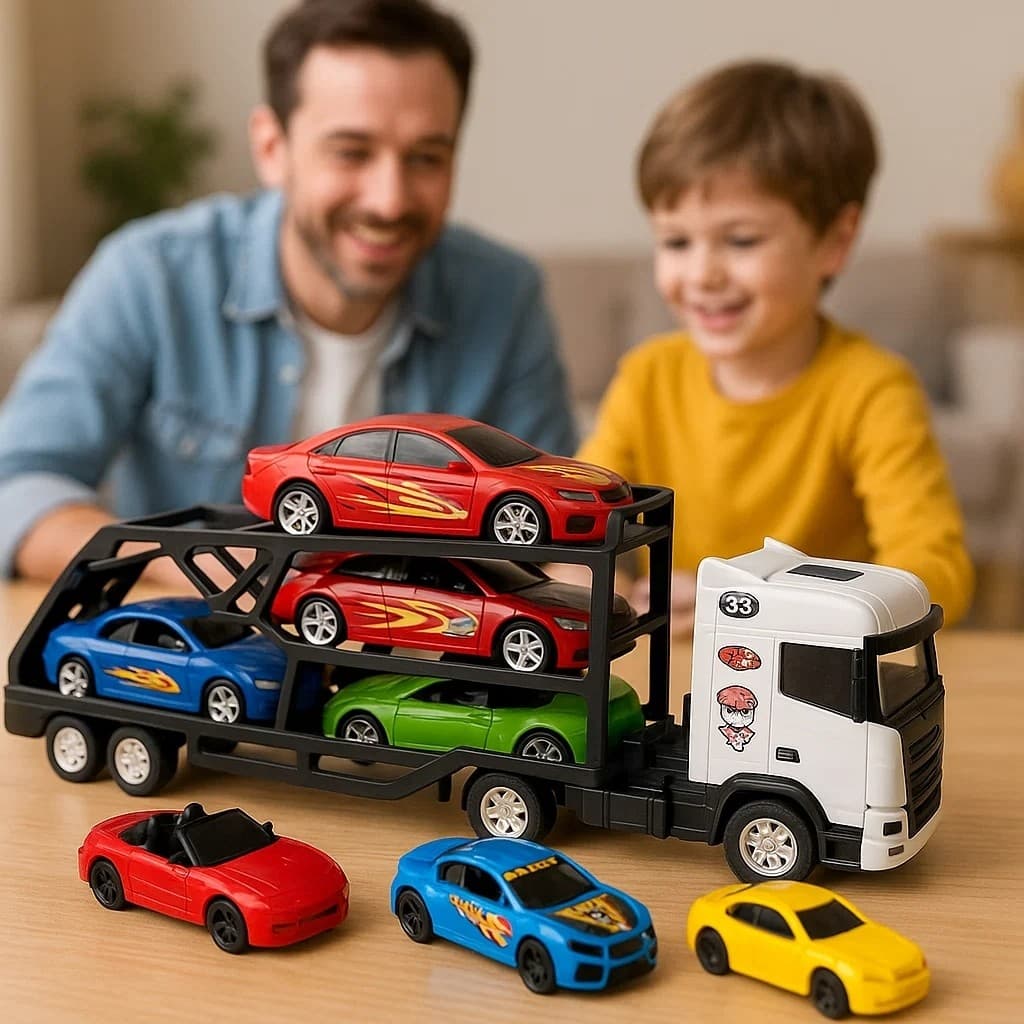 Caminhão Cegonheira 3 Carrinhos Coloridos Rampa Transporte Veículos Brinquedo Menino Presente