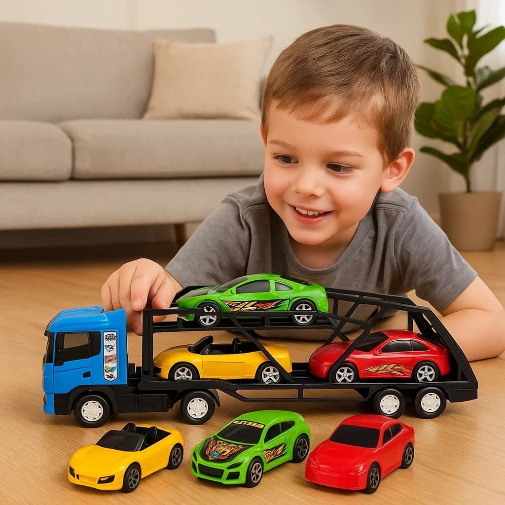 Caminhão Cegonheira 3 Carrinhos Azul Veículos Rampa Transporte Brincadeiras Presente Criança