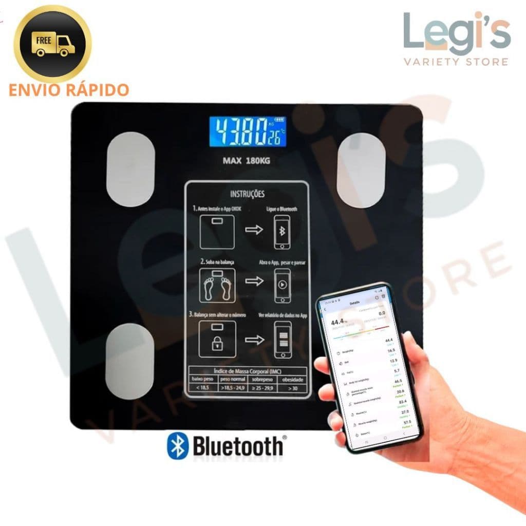 Balança Digital Corporal Bioimpedância 180KG Display Lcd Bluetooth Treino Fit Emagrecimento