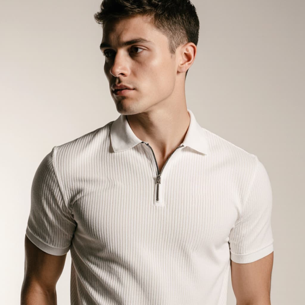 Camiseta Polo Masculinas com Ziper Canelada Slim Elegante Gola Premium Preto Branco