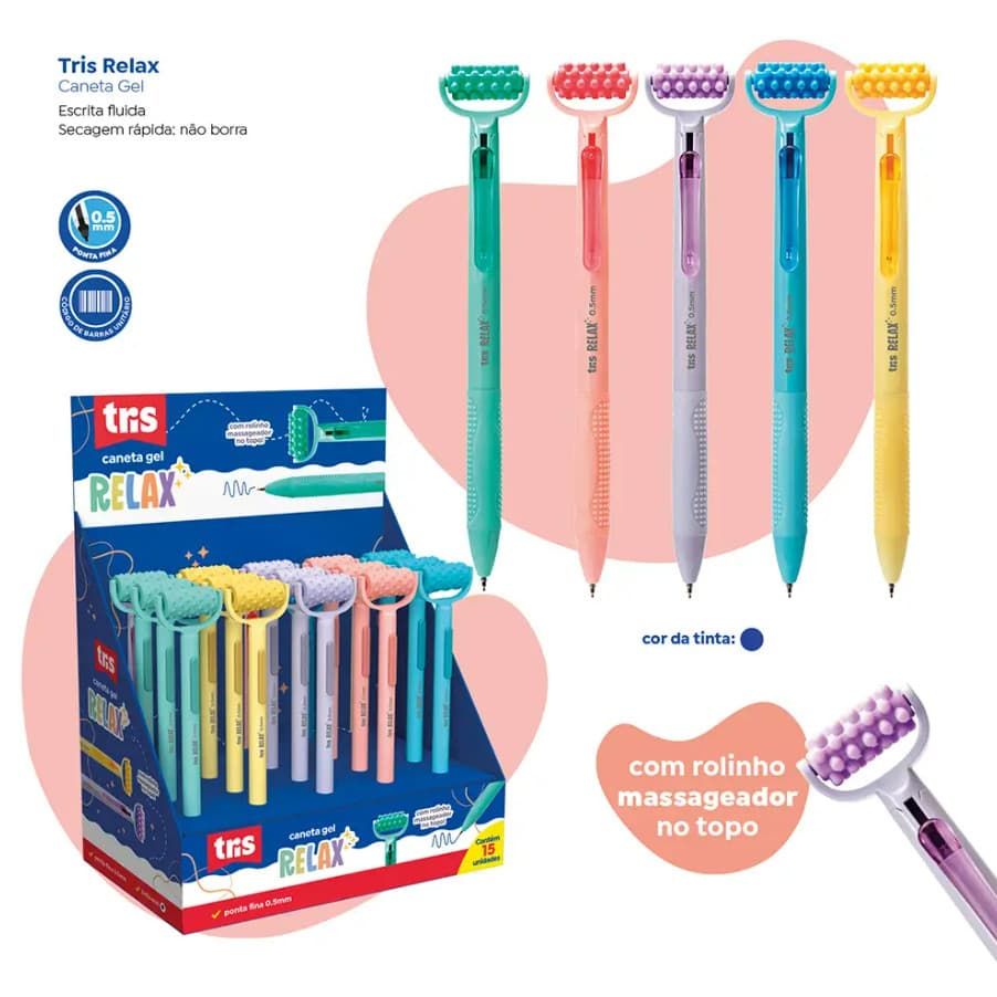 Caneta Gel 0.5mm Relax com Rolinho Massageador no Topo | TRIS