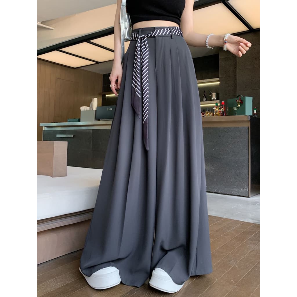 Cinza High-End terno de seda gelo calças de perna larga feminino verão estilo fino 2026 novo estilo solto calças grandes
