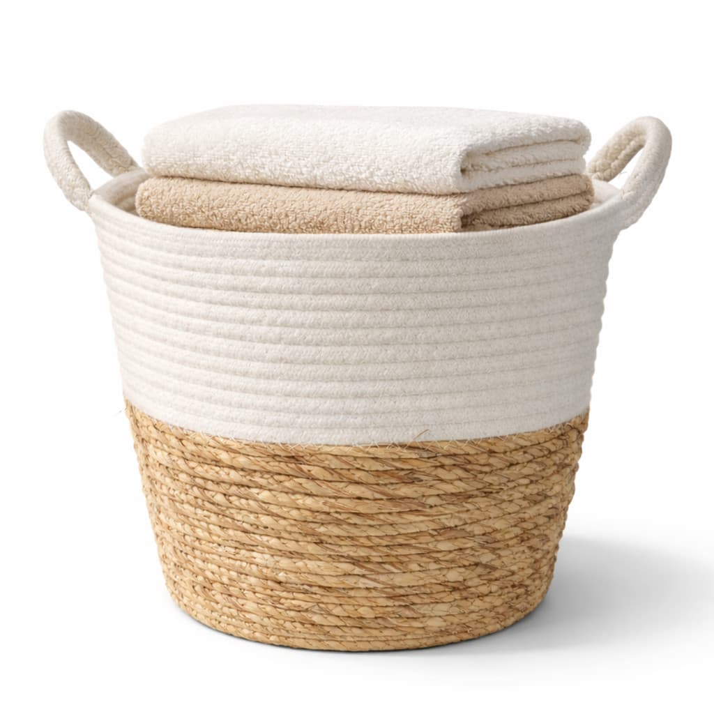 Cesto Fibra Natural Algodão Bege Branco 30 X 20 C/ Alça Casa