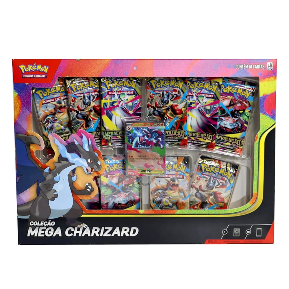 Box Coleção Mega Charizard X 61 Cartas Pokémon TCG Copag