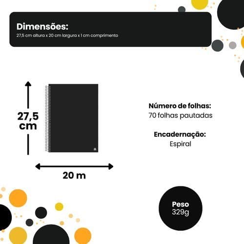 Caderno Universitário Folha Pautada 1 Matéria 70 Folhas Capa Resistente Preto
