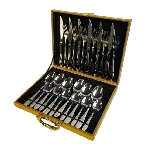 Conjunto Talheres Aço Inox 24 Peças Maleta Dourada Organização Durabilidade Versatilidade