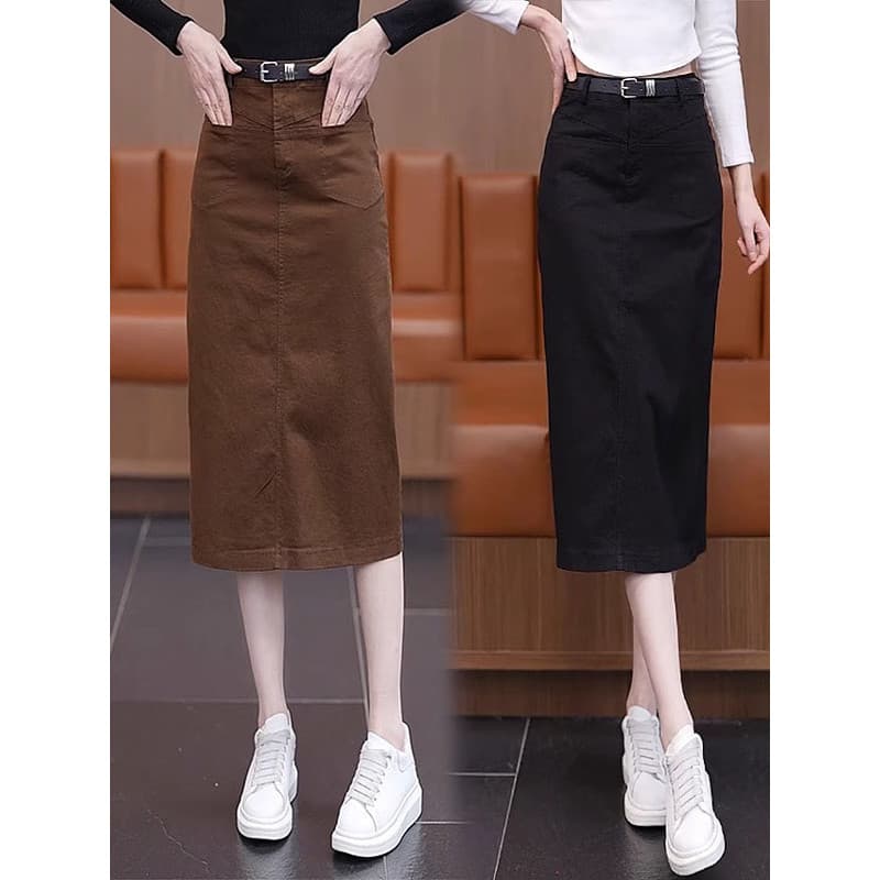 Café cor Denim saia feminina verão estilo fino 2025 novo estilo cintura alta em linha reta Hip saia de comprimento médio
