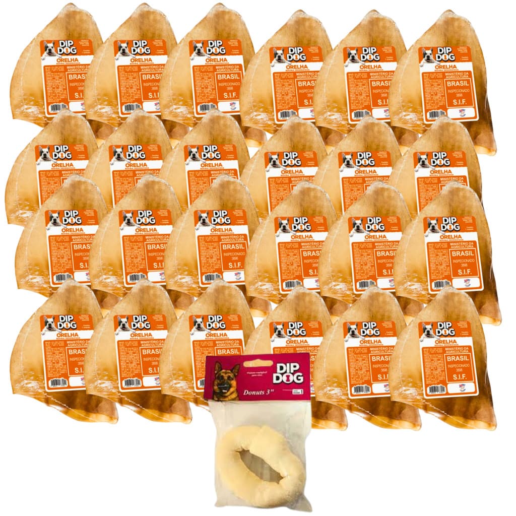 Kit 30 Mordedores Orelha Bovina + 1 Donuts Desidratada Para Cães Dip dog