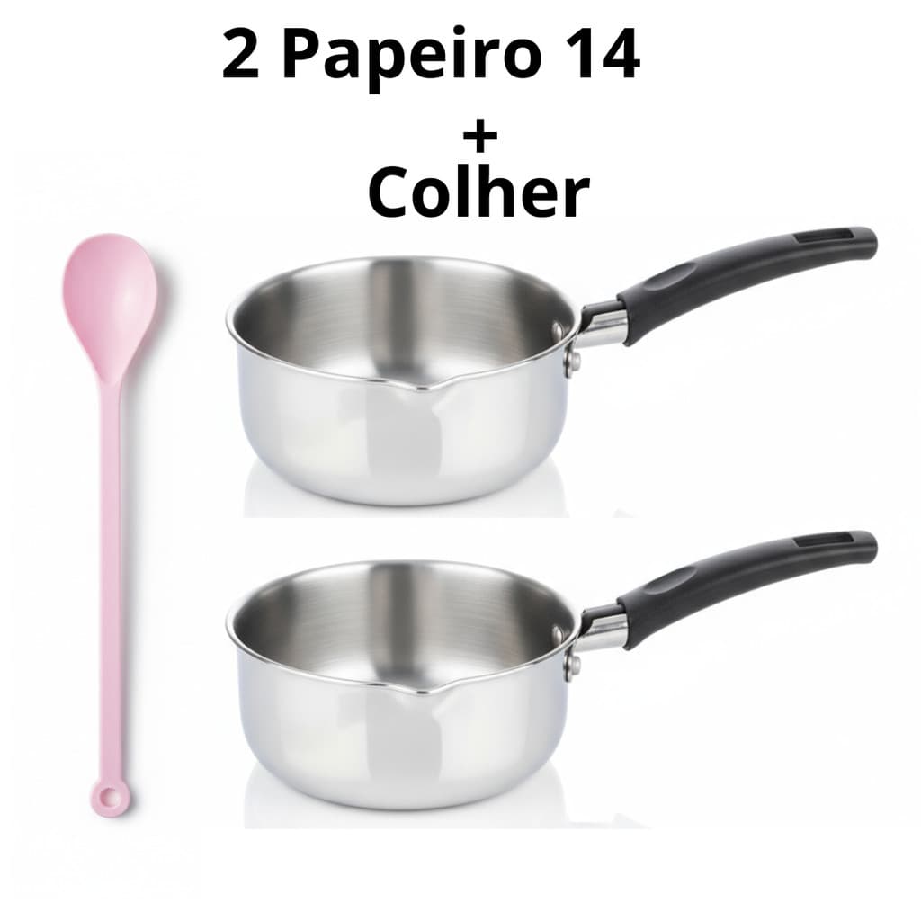 KIT 2 Panelas Papeiro de Alumínio para Papinhas Pure Mingau Comida N14 Mais Colher Rosa