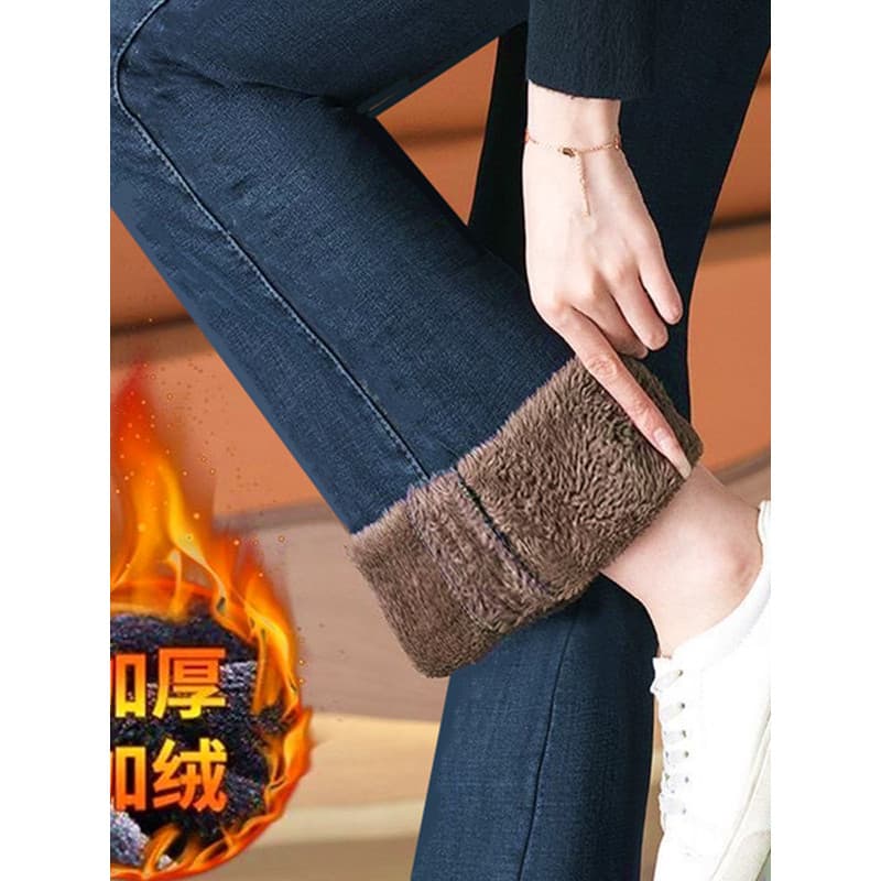 2025 outono inverno novo estilo escovado engrossado imitação Jeans feminino cintura alta quente meia-idade idosos calças