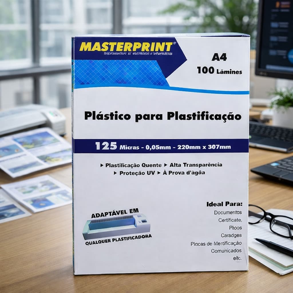 Plástico para Plastificação A4 125 micras Masterprint Alta Transparência Proteção UV 100 Folhas Bom
