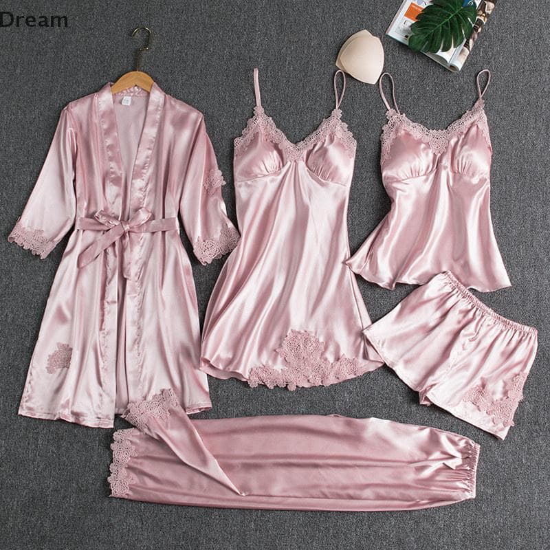 < Dream > 5 Peças Roupão De Seda Terno De Dormir Feminino Renda Cetim Pijama Vestido Conjunto V-Ne Cami Camisola Usar Ca