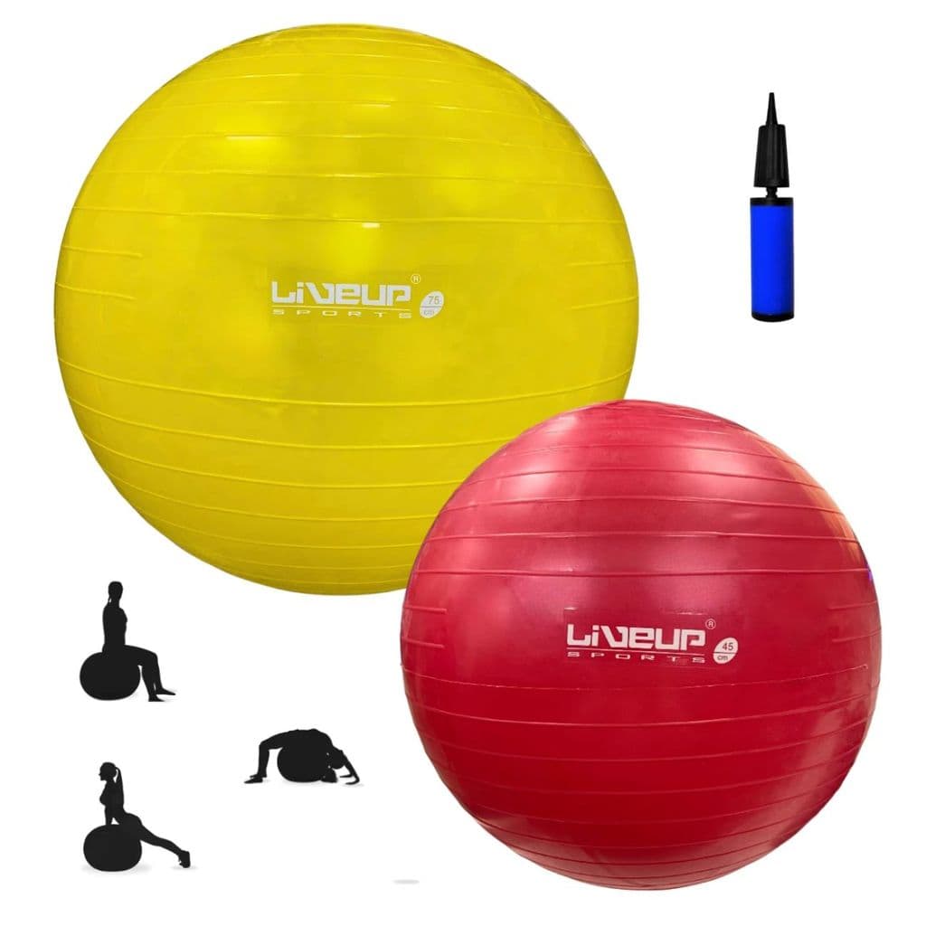 Kit Bola Suíça 45cm Vermelha + Bola 75cm Amarela Pilates Yoga Academia Treino + Mini Bomba