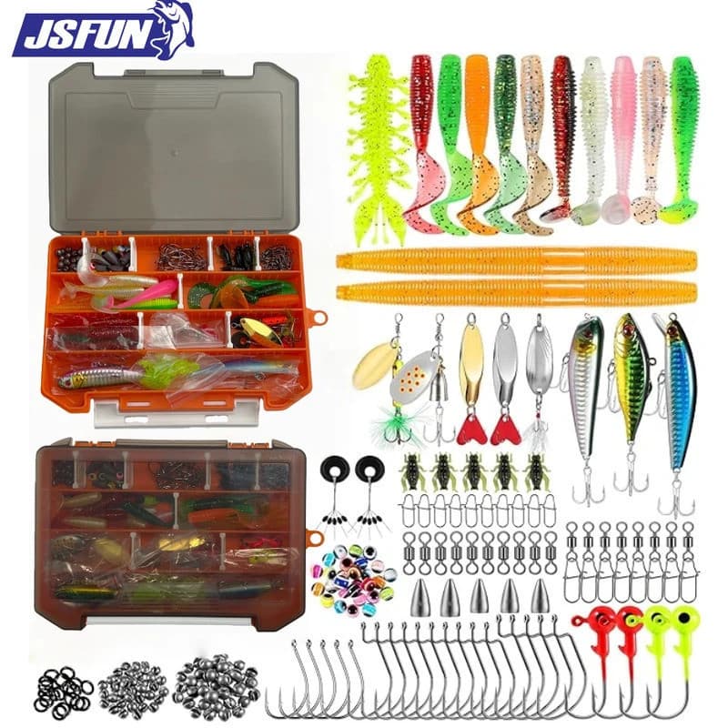 JSFUN Kit de Iscas de Pesca com 137 Peças, Iscas Macias e Rígidas, Anzóis, Giradores com Caixa de Acessórios de Pesca, C