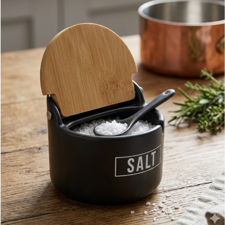 Saleiro de Cozinha Manhattan de Porcelana 290ml Preto com Tampa Bambu e Colher Hauskraft