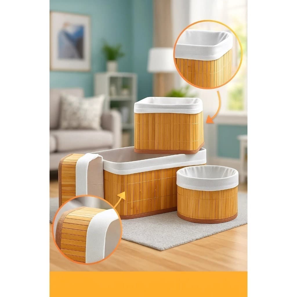 Conjunto 4 Cestos Organizadores Bambu Natural Multiuso Resistente Armazenamento Casa Achadinhos