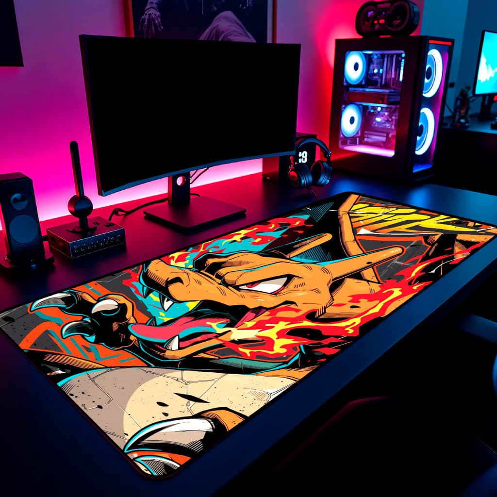 Mouse Pad Gamer Charizard Pokemon Fogo 65x30cm 80x40cm 90x50cm 120x60cm Borda Costurada
