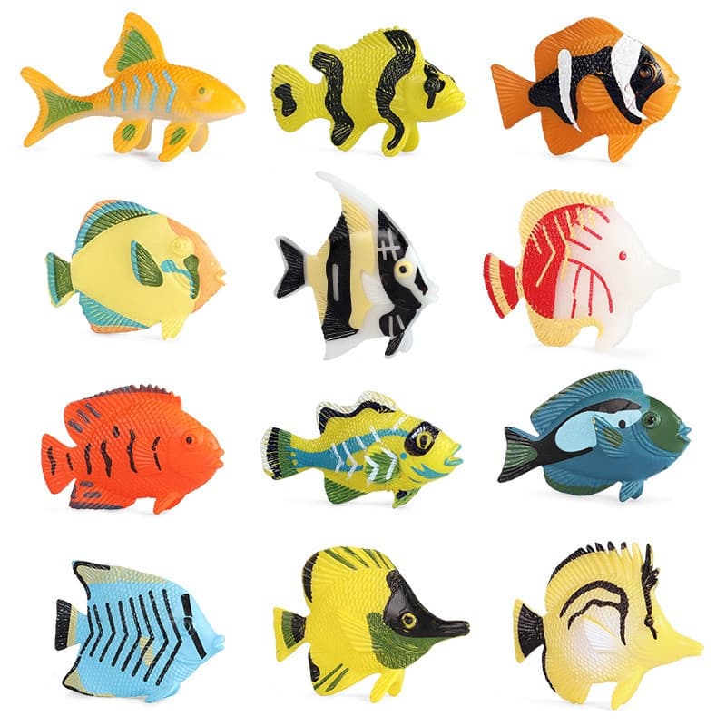 12 modelos realistas de peixes tropicais e animais marinhos, incluindo peixe-palhaço, brinquedos educativos para aprendi