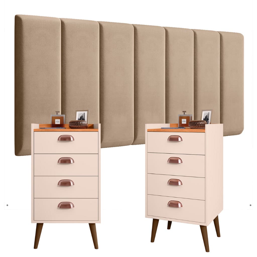 Conjunto Completo Módulos Cabeceira Box Modulada com PAR Mesa de Cabeceira MONET 4 Gavetas Puxador Concha