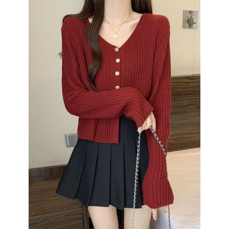 Macio ceroso com decote em V manga vermelha Cardigan de malha feminino outono ano novo estilo livro interior estilo curt