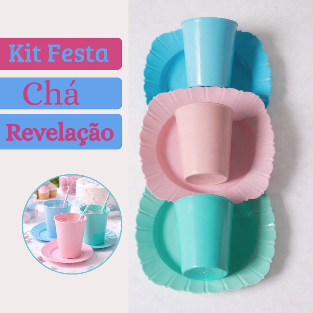 Kit Festa Chá Revelação Copos e Pratos Para Sobremesa  Plastico Reutilizavel
