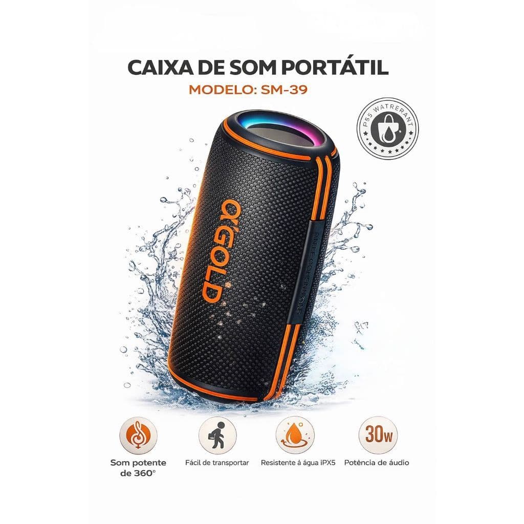 Caixa De Som Bluetooth A'Gold SM-39 30W Som Potente de 360° Resistência IPX5 Prova D'água