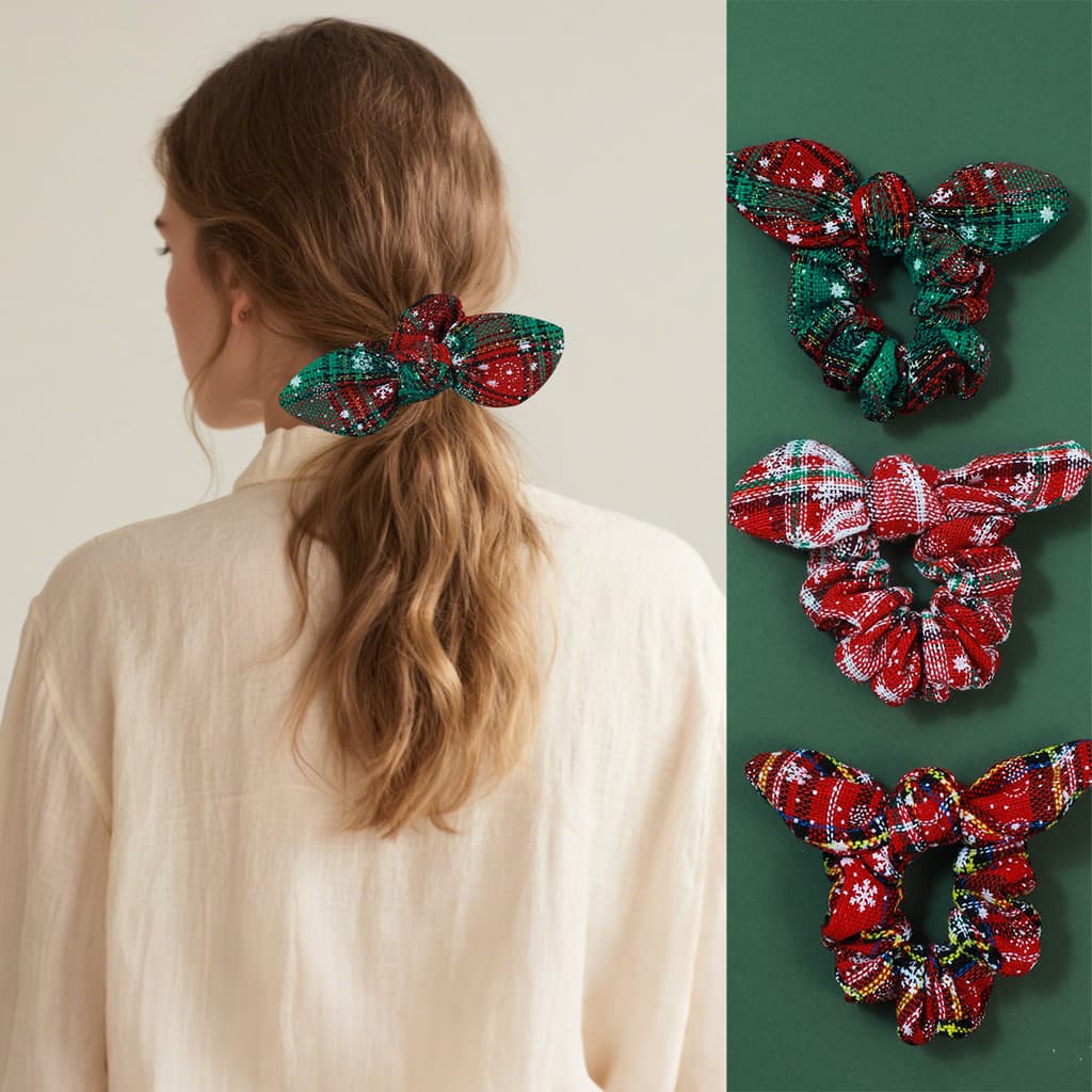 Elástico de cabelo retrô de Natal com orelhas de coelho, elástico simples com blocos de cor, acessório de cabelo versáti