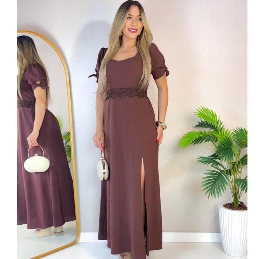 vestido longo femenino versatil forrado com decote detalhe na manga