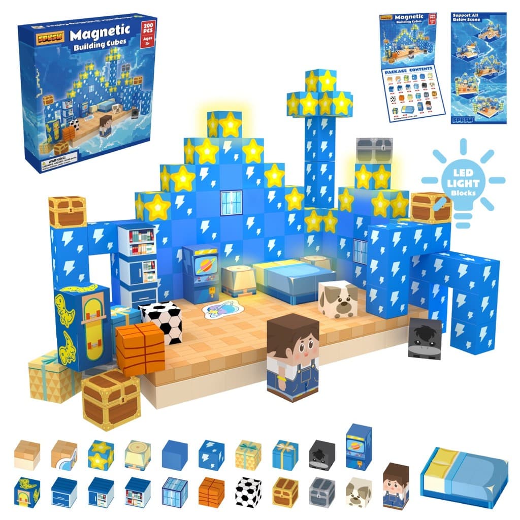 Conjunto De Blocos De Construção De Casa De Sonho De Camada Única Azul Fofo De 200 Peças Com 4 Brilhantes De LED Embutid