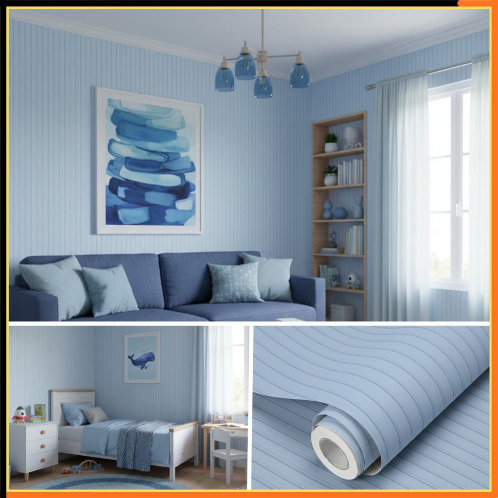 Papel Adesivo Ripado Azul Claro 5 Metros x 45cm para Quarto infantil Azul Claro