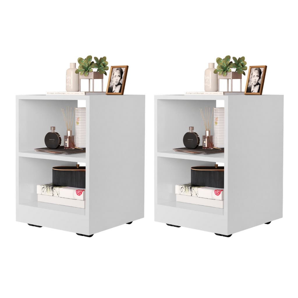 Kit 2 Mesas de Cabecera Branco  para Quarto com Rodizios 2 Nichos