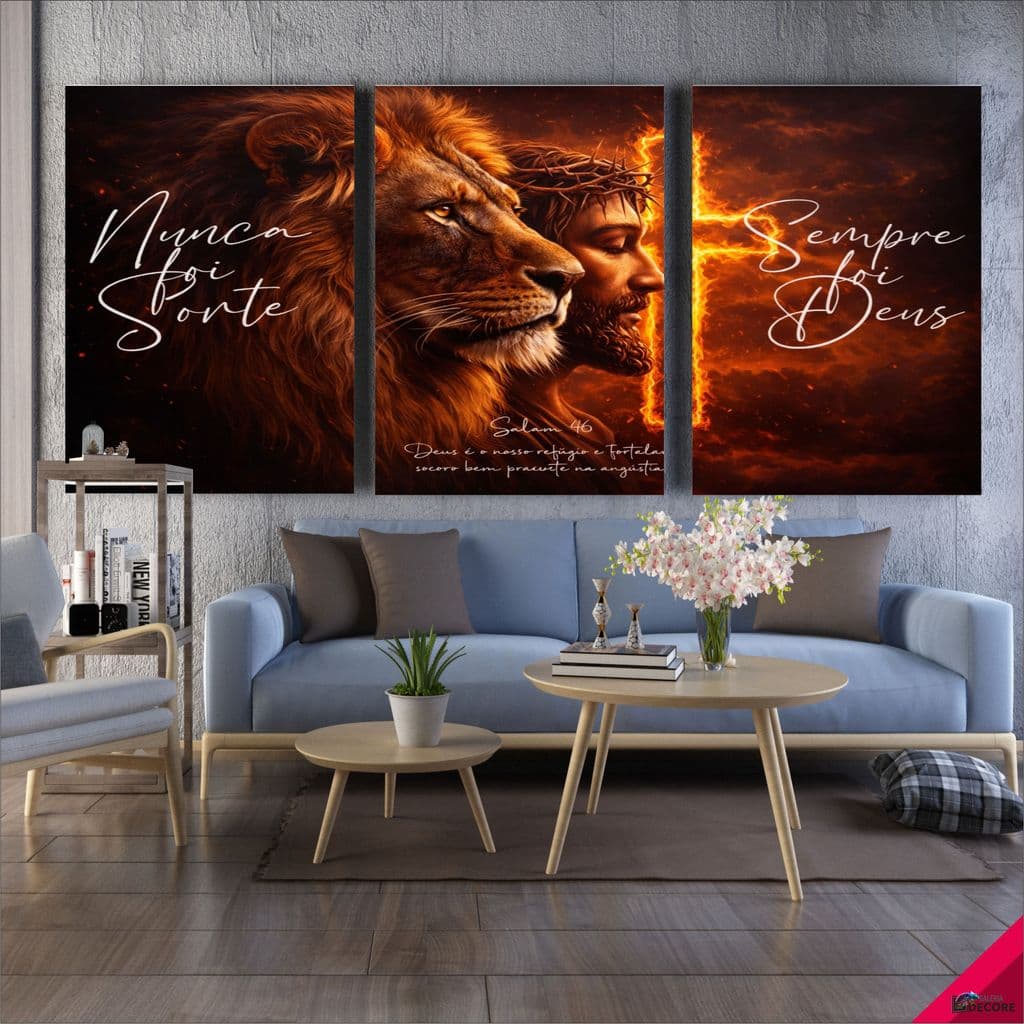 Quadro Decorativo Religioso Nunca Foi Sorte Jesus Leão Cruz Salmos 3pçs para Sala Quarto Hall