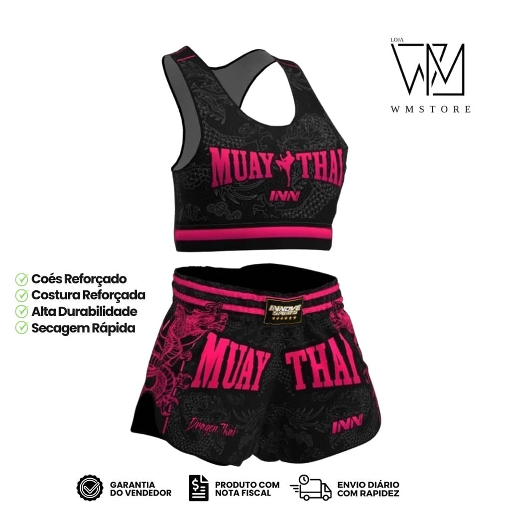 Conjunto Top e Short Muay Thai Feminino Dragon Thai Rosa