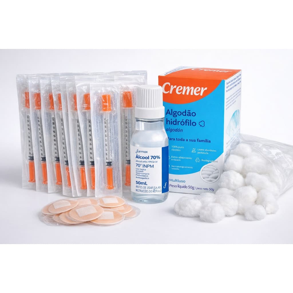 Kit Aplicações – Seringas ( Insulina/botox) de 50 ui 0,5 ml + Álcool + Algodão + Curativo
