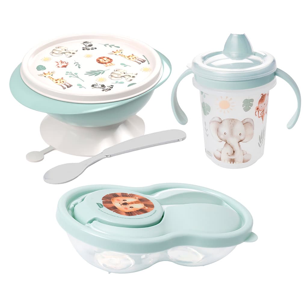 Kit Refeição Bebê Safari Tigela Completo Com Ventosa Pote de Papinha Caneca Treinamento
