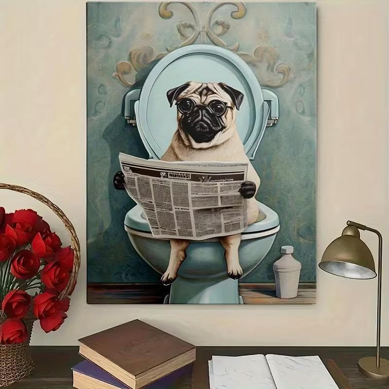Quadro Decorativo Pug Intelectual Lendo Jornal no Trono