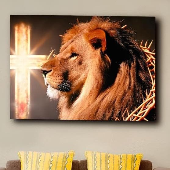 Quadro Decorativo Leão Judá Coroa De Espinhos Cruz Mosaico Sala Quarto Escritório.