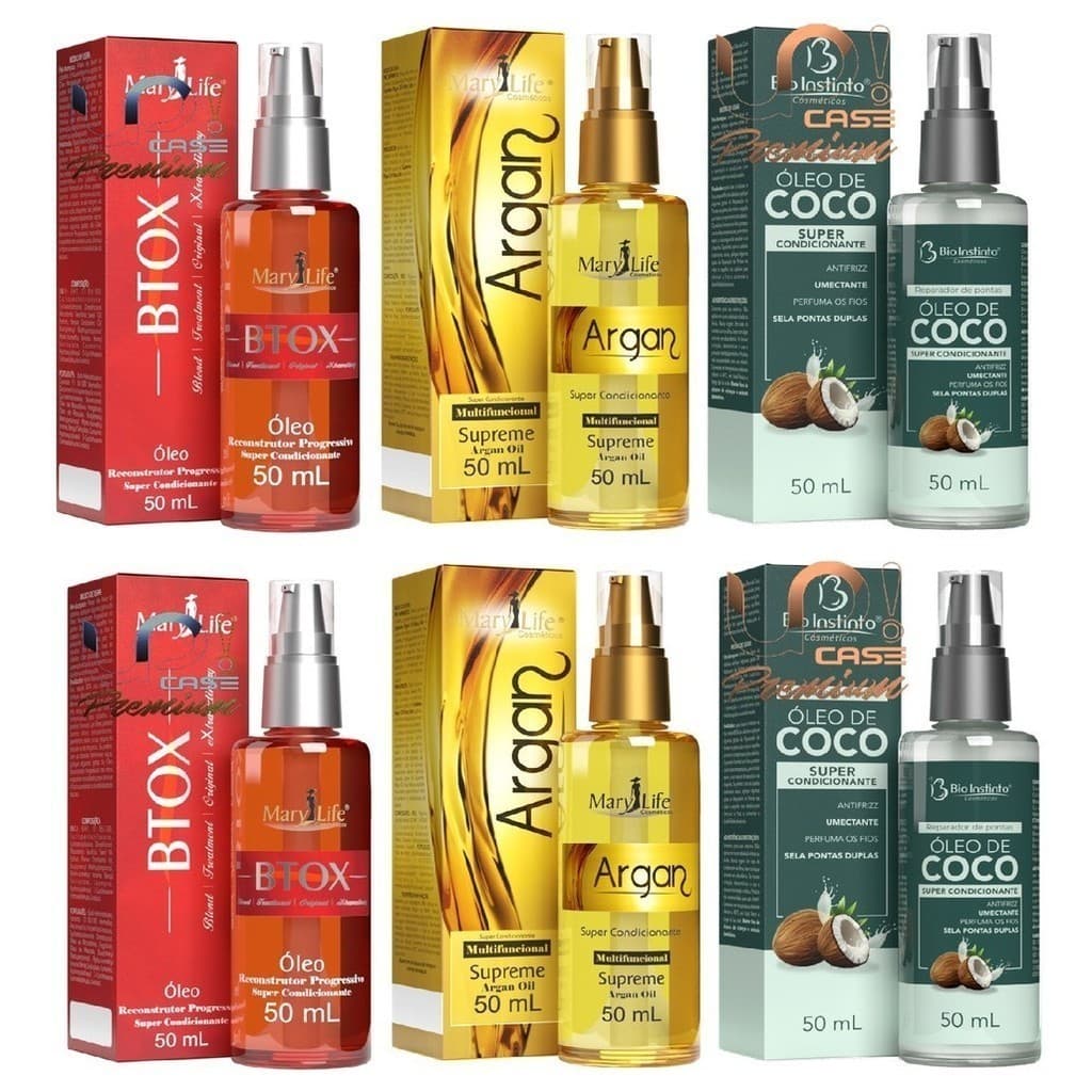 Óleo  Reparador de Pontas (6 und)  2 Coco - 2 Argan - 2 Btox Mary Life