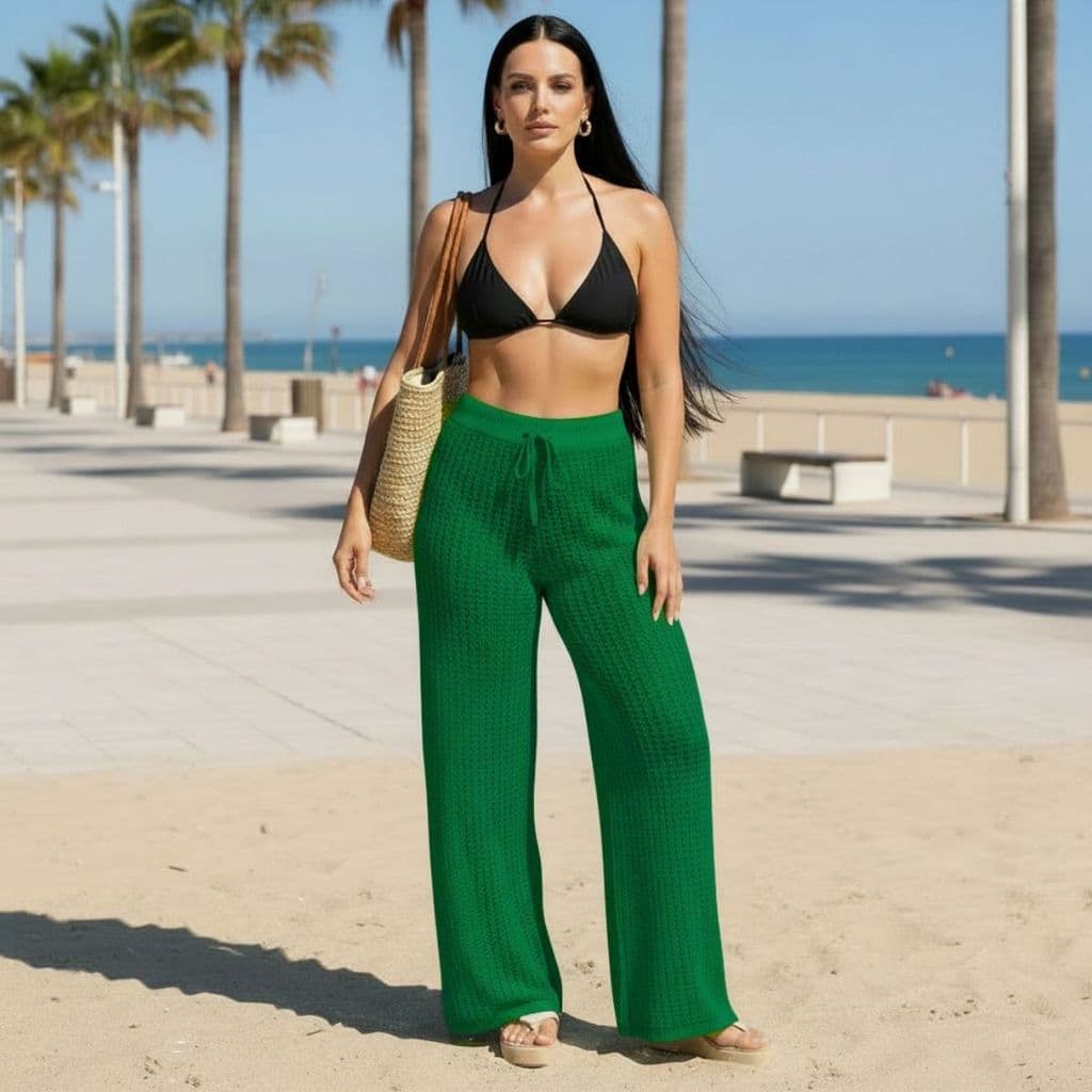 Calça Tricô Saída De Praia Pantalona C/ajuste Canga Piscina Estilo Chic Confortável