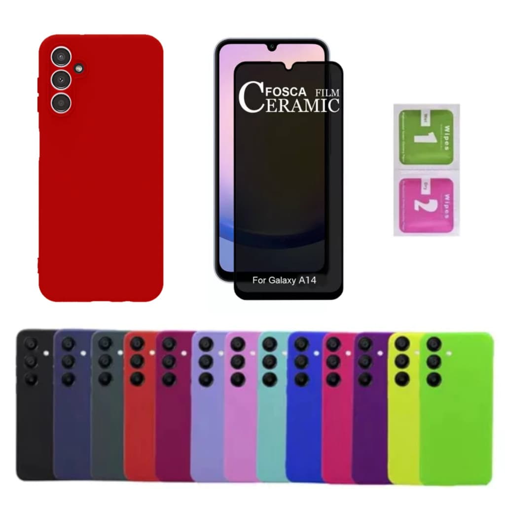 Kit Para Samsung A14  - Película Fosca Privativa + Capa Silicone Aveludada