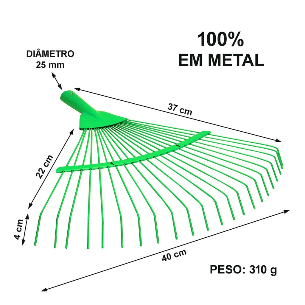 Ancinho Vassoura Rastelo 22 Dentes Metal 37cm Profissional Em Aço Carbono Para Cabos De Até 22,3mm