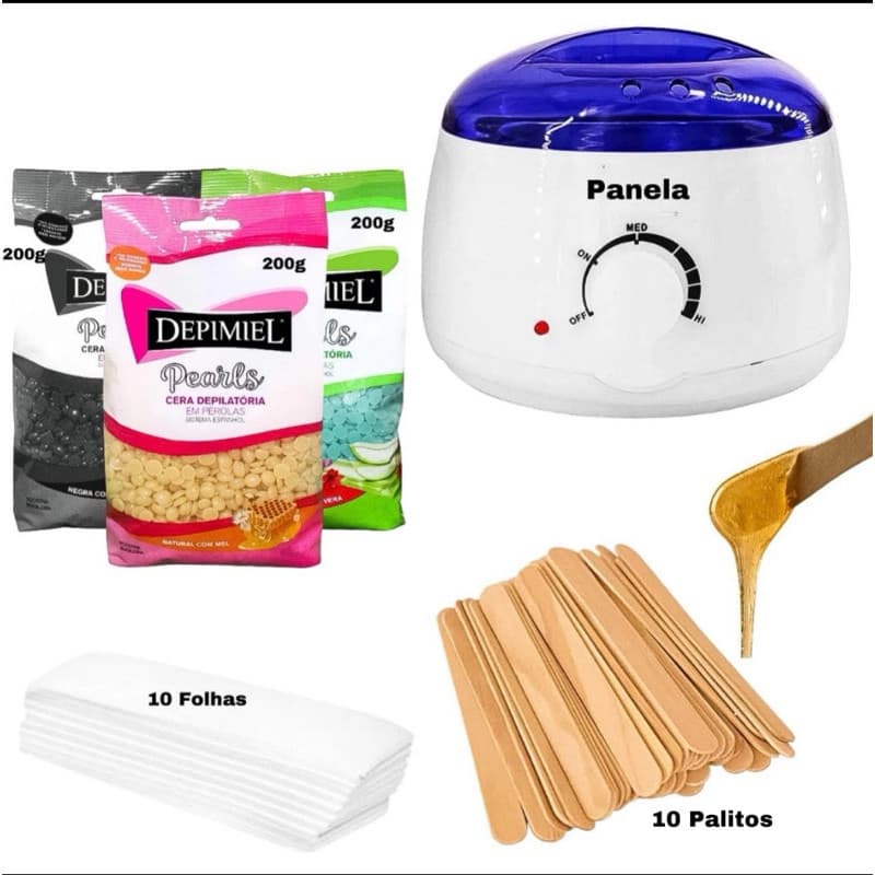 Kit Panela Elétrica Cera Quente Depilaçao Aquecedor + 200g Cera Perolada + Palito + Papel