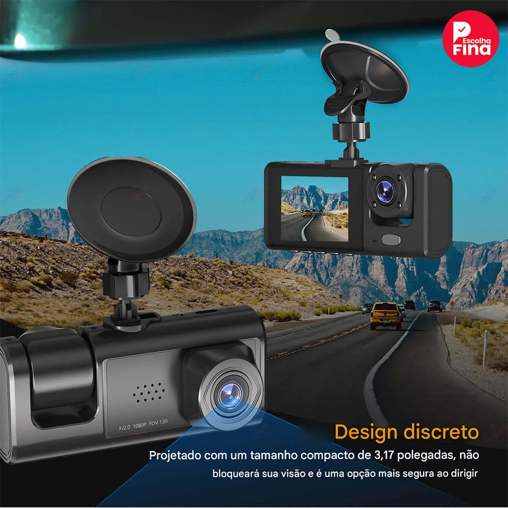 Câmera DVR WiFi 64GB, Espelho Retrovisor 3 Lentes, Gravação 1080P HD e Vigilância de Estacionamento 24h